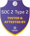 Purple circular badge with text SOC 2 Type 2 Tested & Attested By A-LIGN President and CEO signature.
